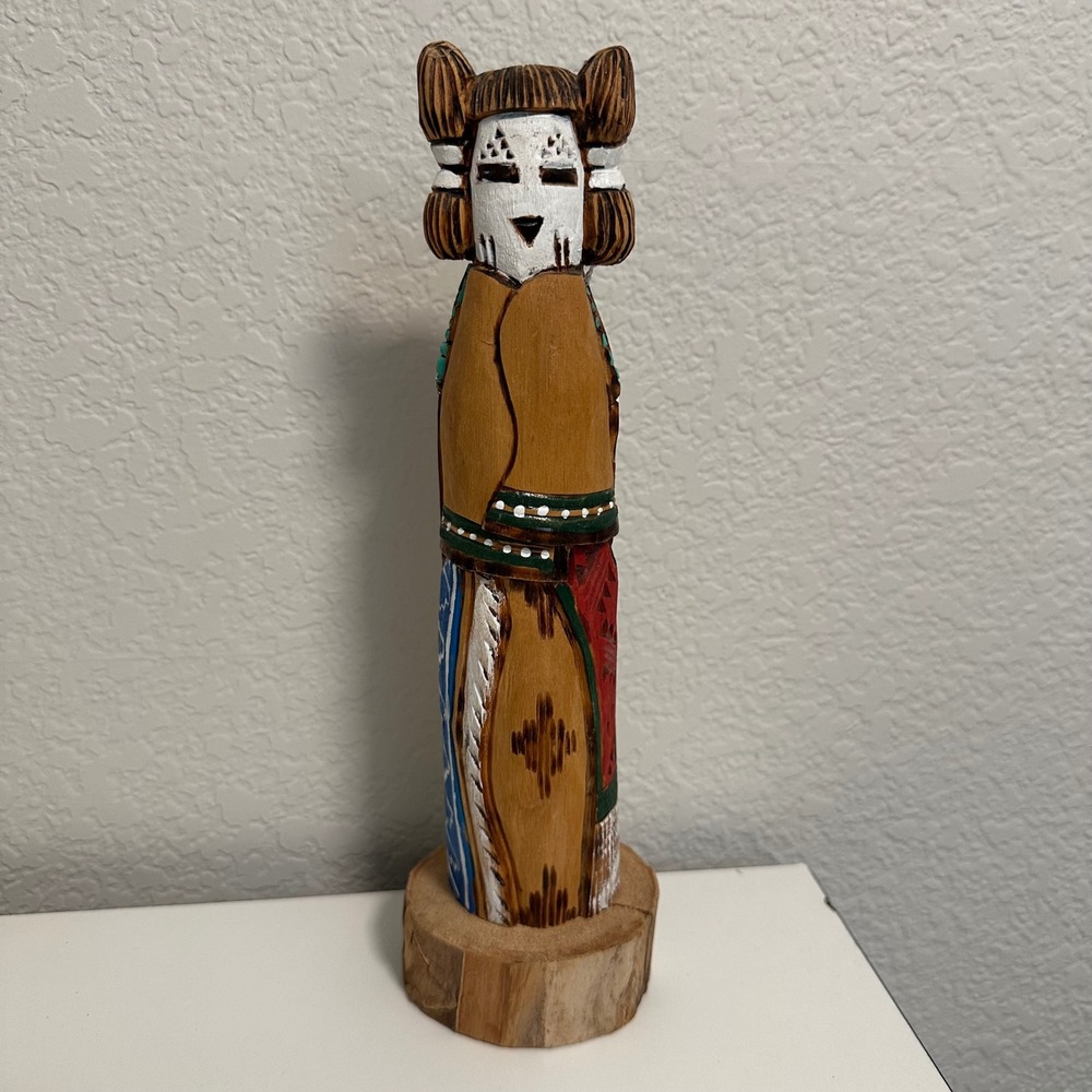 Vintage Navajo Snow Maiden Kachina Doll Signed Yazzie Hand Carved Wood Art 11"